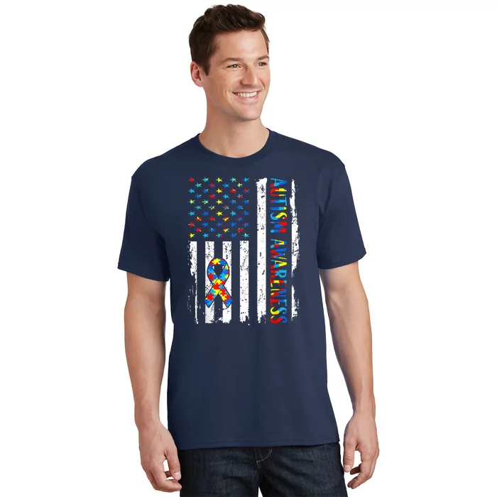 Autism Awareness Mom Dad Usa Flag Autistic Awareness Autism T-Shirt