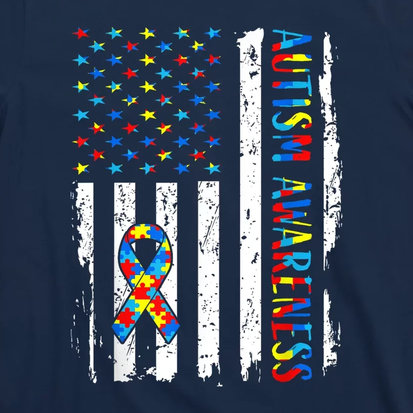 Autism Awareness Mom Dad Usa Flag Autistic Awareness Autism T-Shirt