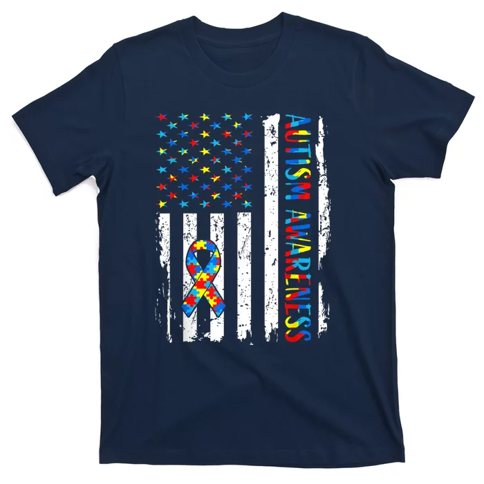 Autism Awareness Mom Dad Usa Flag Autistic Awareness Autism T-Shirt