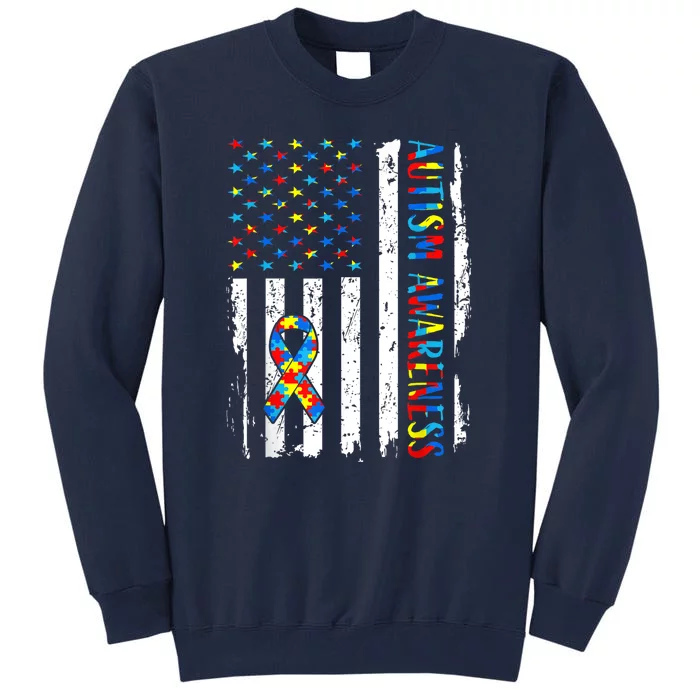 Autism Awareness Mom Dad Usa Flag Autistic Awareness Autism Tall Sweatshirt