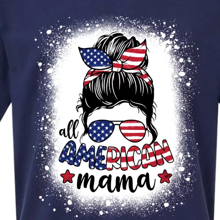 All American Mama Messy Bun Patriotic Mom Life Bleached Gift Sueded Cloud Jersey T-Shirt