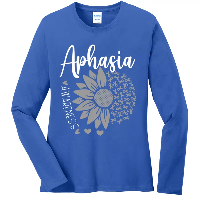 Aphasia Awareness Month Sunflower Grey Ribbon Cute Gift Ladies Long Sleeve Shirt