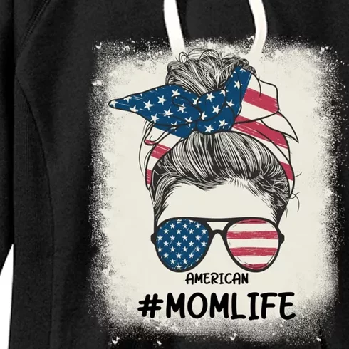 All American Mom Life 4th Of July Messy Bun Usa Flag Gift Women's Fleece Hoodie