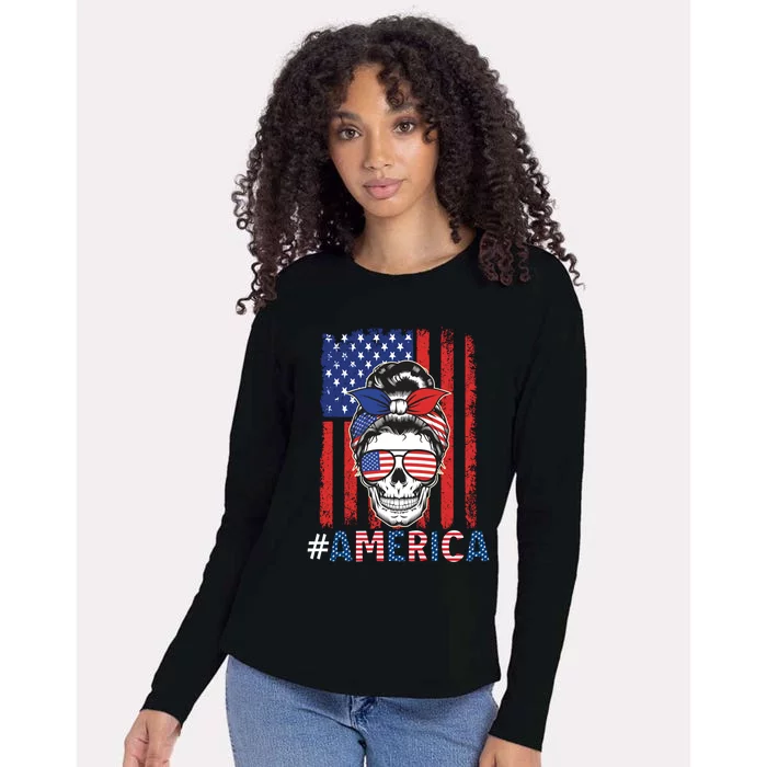 All American Mama Leopard Flag Messy Bun Skull Mom 4th July Cool Gift Womens Cotton Relaxed Long Sleeve T-Shirt