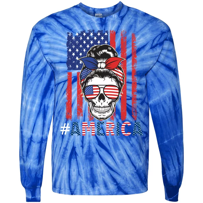 All American Mama Leopard Flag Messy Bun Skull Mom 4th July Cool Gift Tie-Dye Long Sleeve Shirt