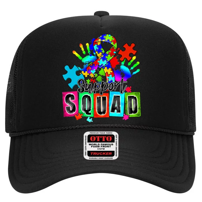 Autism Awareness Month Ribbon Support Squad High Crown Mesh Trucker Hat