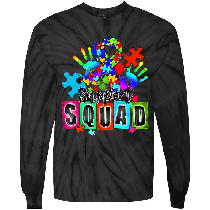 Autism Awareness Month Ribbon Support Squad Tie-Dye Long Sleeve Shirt