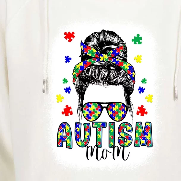 Autism Awareness Mom Life Messy Bun Bleached Mother’s Day Gift Womens Funnel Neck Pullover Hood