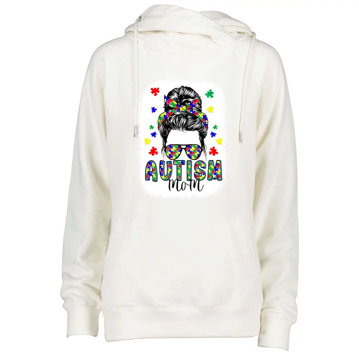 Autism Awareness Mom Life Messy Bun Bleached Mother’s Day Gift Womens Funnel Neck Pullover Hood