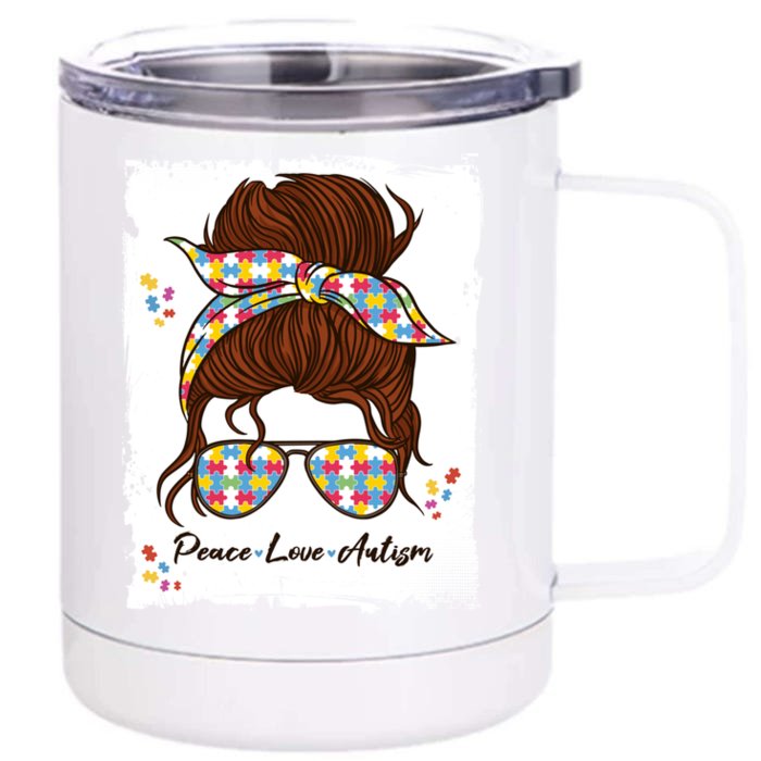 Autism Awareness Messy Bun Gift Mom Mama Autistic Autism Meaningful Gift Front & Back 12oz Stainless Steel Tumbler Cup