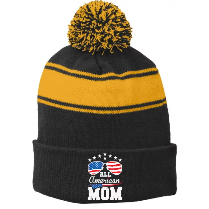 All American Mom 4th of July Matching Family Stripe Pom Pom Beanie