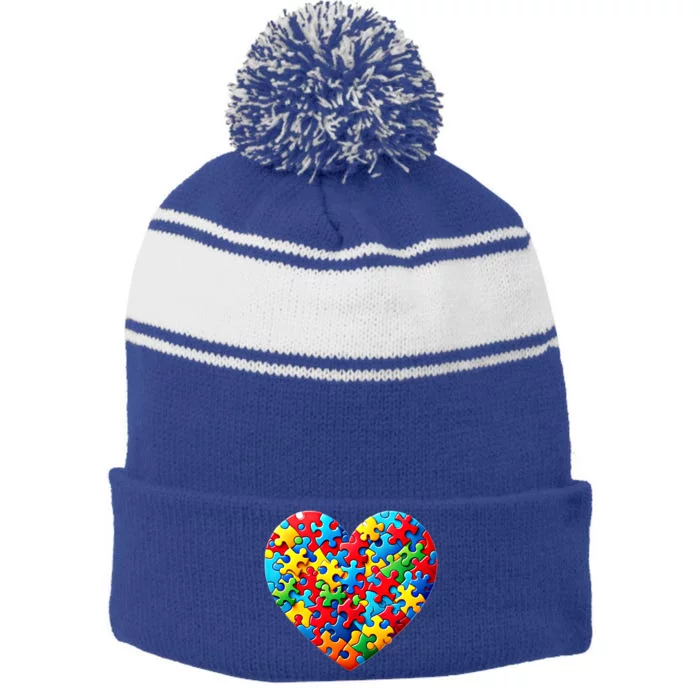 Autism Awareness Month Heart Shaped Puzzle Pieces Gift Stripe Pom Pom Beanie