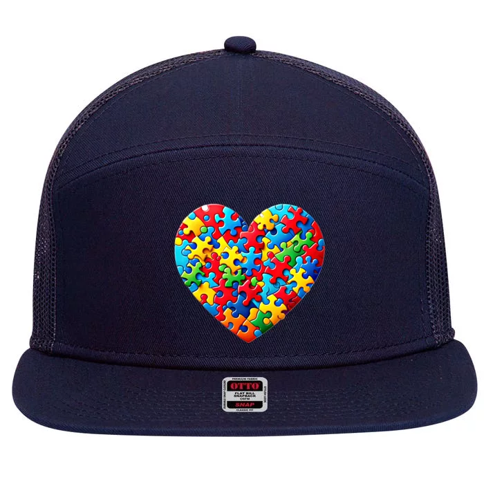 Autism Awareness Month Heart Shaped Puzzle Pieces Gift 7 Panel Mesh Trucker Snapback Hat