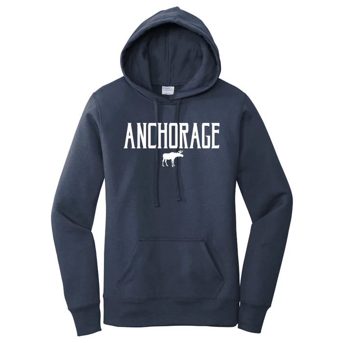 Anchorage Alaska Moose Vintage Text White Print Gift Women's Pullover Hoodie