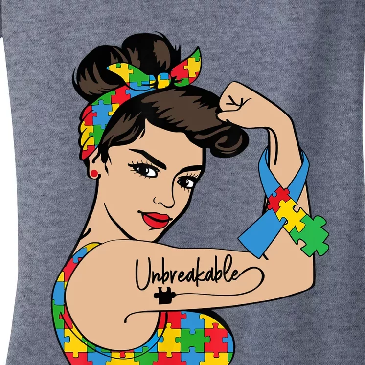 Autism Awareness Mother Mom Unbreakable Strong Woman Power Women's V-Neck T-Shirt