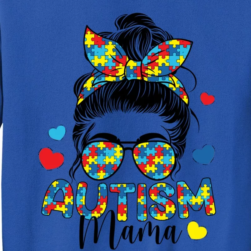 Autism Awareness Messy Bun Puzzle Piece Autism Mama Life Gift Tall Sweatshirt