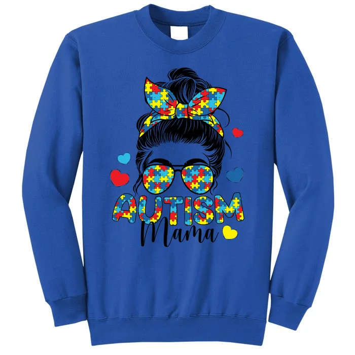 Autism Awareness Messy Bun Puzzle Piece Autism Mama Life Gift Tall Sweatshirt