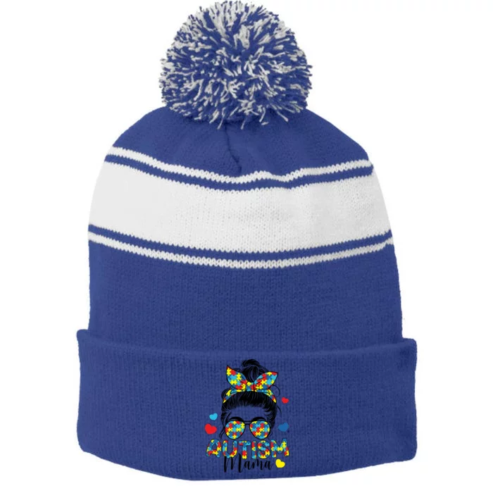 Autism Awareness Messy Bun Puzzle Piece Autism Mama Life Gift Stripe Pom Pom Beanie