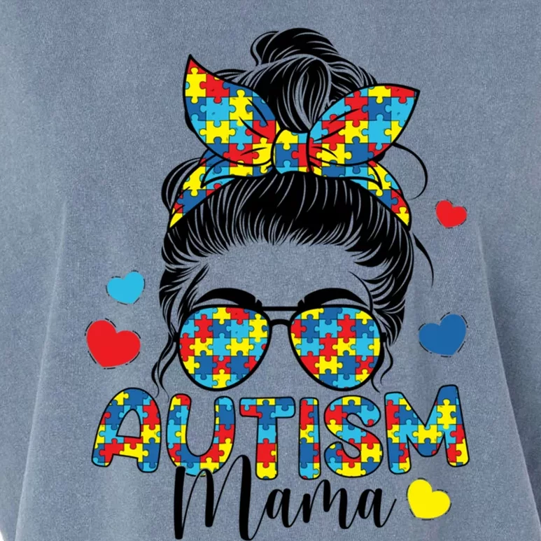 Autism Awareness Messy Bun Puzzle Piece Autism Mama Life Gift Garment-Dyed Women's Muscle Tee