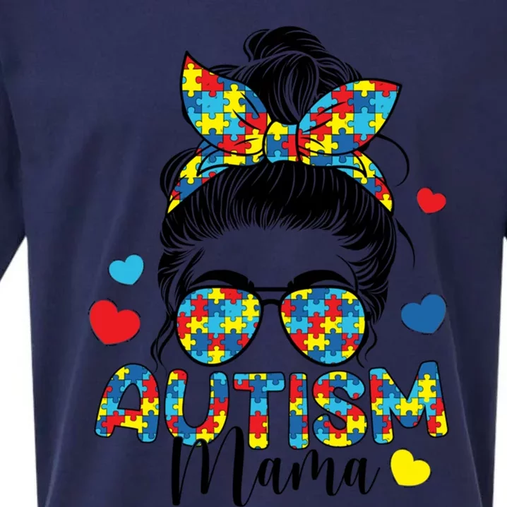 Autism Awareness Messy Bun Puzzle Piece Autism Mama Life Gift Sueded Cloud Jersey T-Shirt