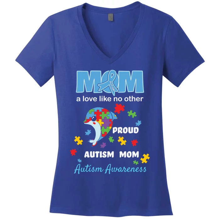 Autism Awareness Mom Mother Love Proud Autism Mama Dolphin Gift Women's V-Neck T-Shirt