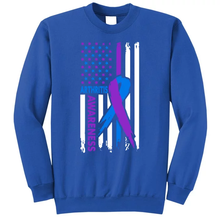 Arthritis Awareness Month Purple And Blue Ribbon American Flag Funny Gift Tall Sweatshirt