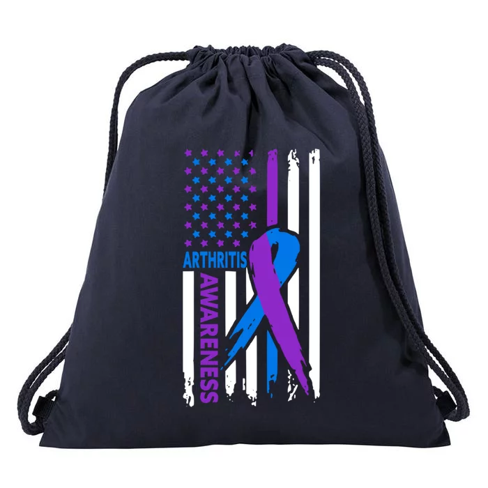 Arthritis Awareness Month Purple And Blue Ribbon American Flag Funny Gift Drawstring Bag