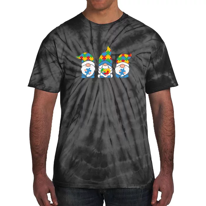 Autism Awareness Month Gift Three Gnomes Puzzle Tie-Dye T-Shirt