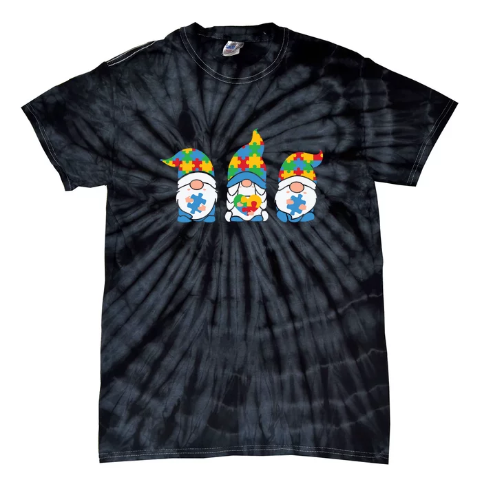 Autism Awareness Month Gift Three Gnomes Puzzle Tie-Dye T-Shirt