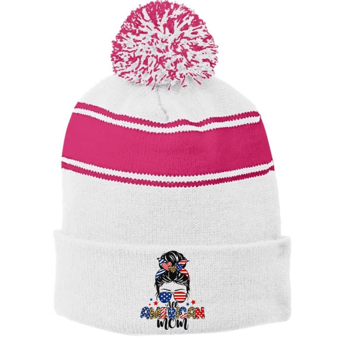 All American Mom USA Flag 4th Of July Family Stripe Pom Pom Beanie