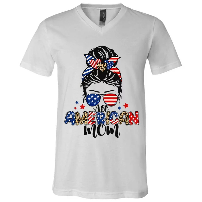 All American Mom USA Flag 4th Of July Family V-Neck T-Shirt