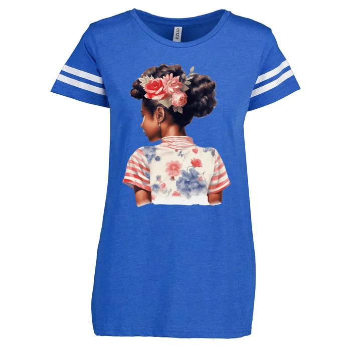 African American Messy Bun Girl Watercolor Flowers Enza Ladies Jersey Football T-Shirt