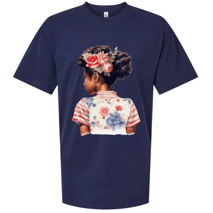 African American Messy Bun Girl Watercolor Flowers Sueded Cloud Jersey T-Shirt