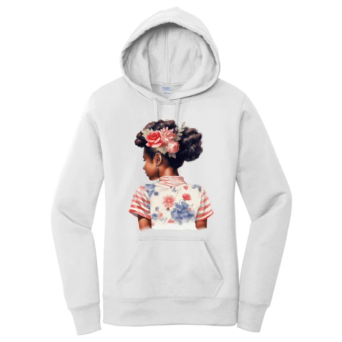 African American Messy Bun Girl Watercolor Flowers Women's Pullover Hoodie