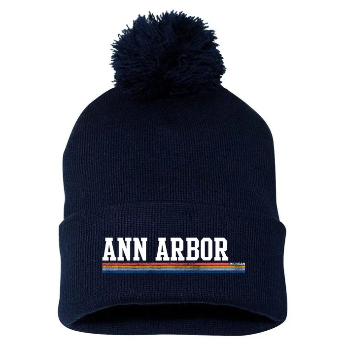 Ann Arbor Michigan Retro Logo Pom Pom 12in Knit Beanie