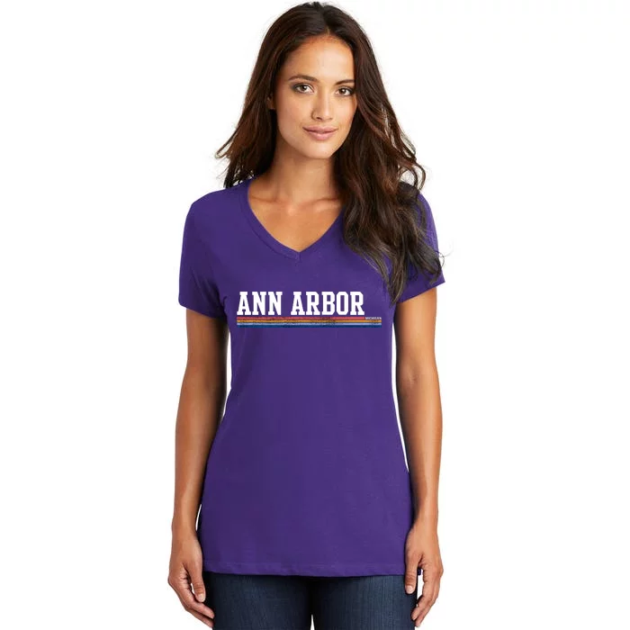 Ann Arbor Michigan Retro Logo Women's V-Neck T-Shirt