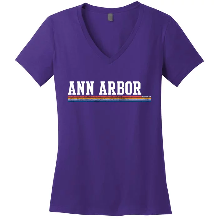 Ann Arbor Michigan Retro Logo Women's V-Neck T-Shirt