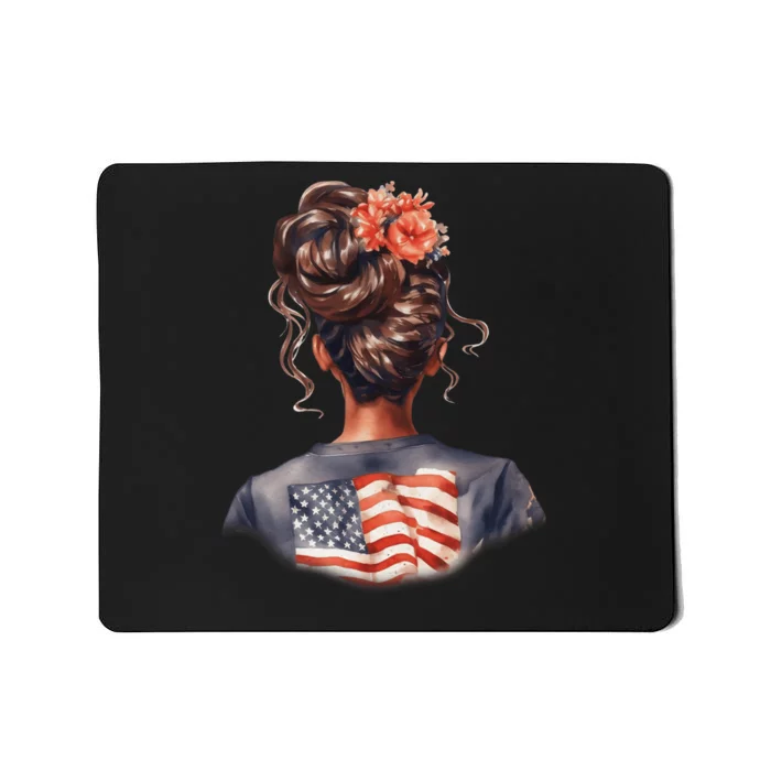 African American Messy Bun Girl USA Flag Watercolor Flowers Mousepad