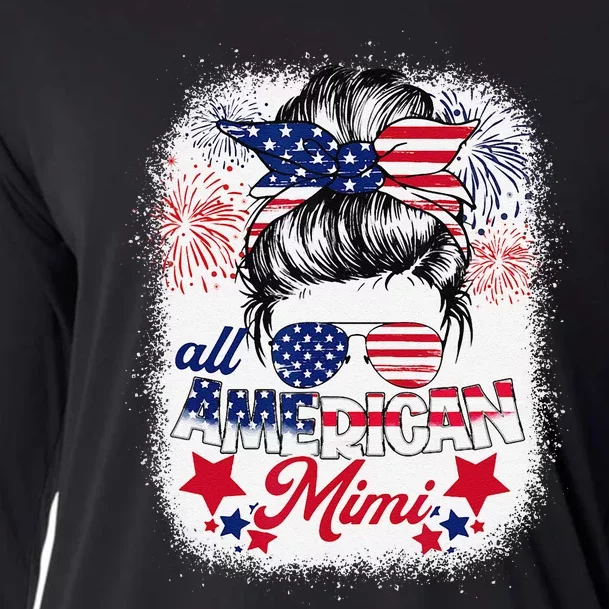 All American Mimi Patriotic 4th Of July Messy Bun Bleached Cooling Performance Long Sleeve Crew