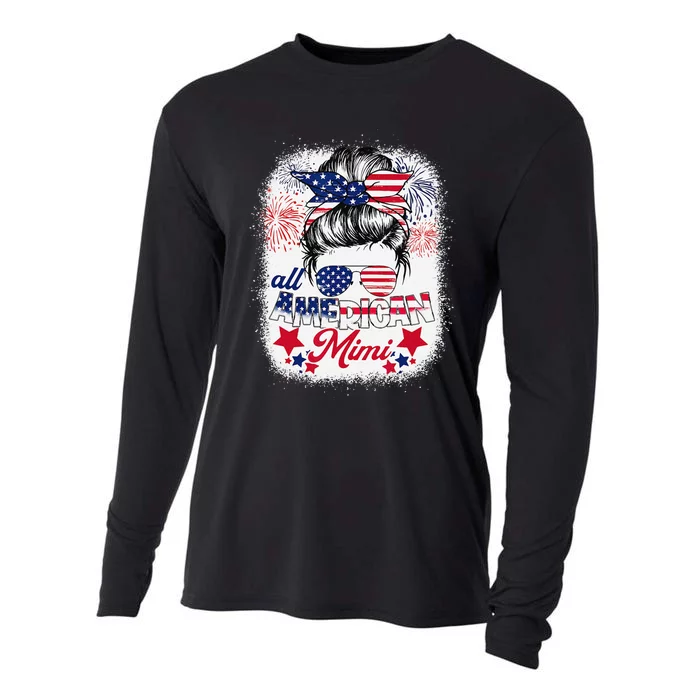 All American Mimi Patriotic 4th Of July Messy Bun Bleached Cooling Performance Long Sleeve Crew