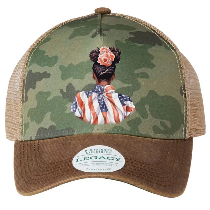 African American Messy Bun Woman USA Flag Flowers Legacy Tie Dye Trucker Hat