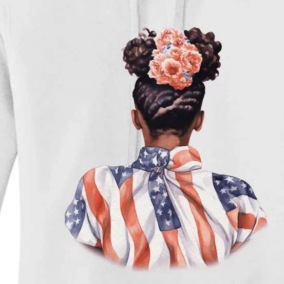 African American Messy Bun Woman USA Flag Flowers Women's Pullover Hoodie