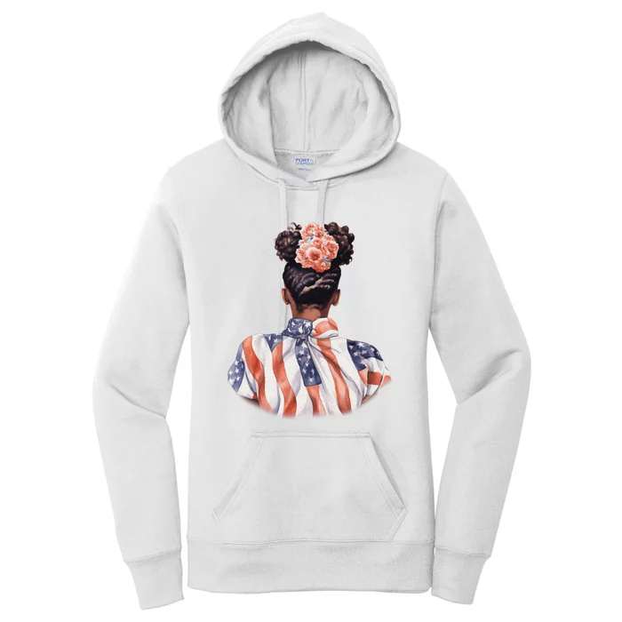 African American Messy Bun Woman USA Flag Flowers Women's Pullover Hoodie