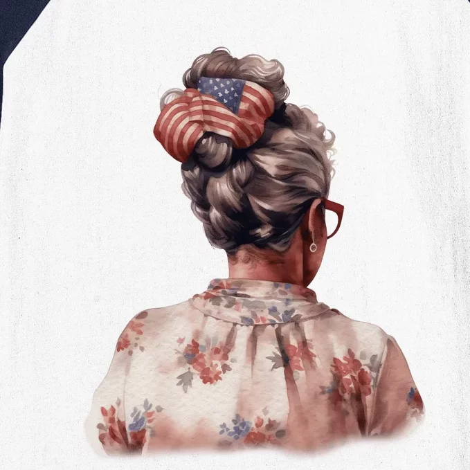 African American Messy Bun Old Lady USA Flag Flowers Baseball Sleeve Shirt