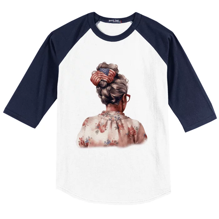 African American Messy Bun Old Lady USA Flag Flowers Baseball Sleeve Shirt