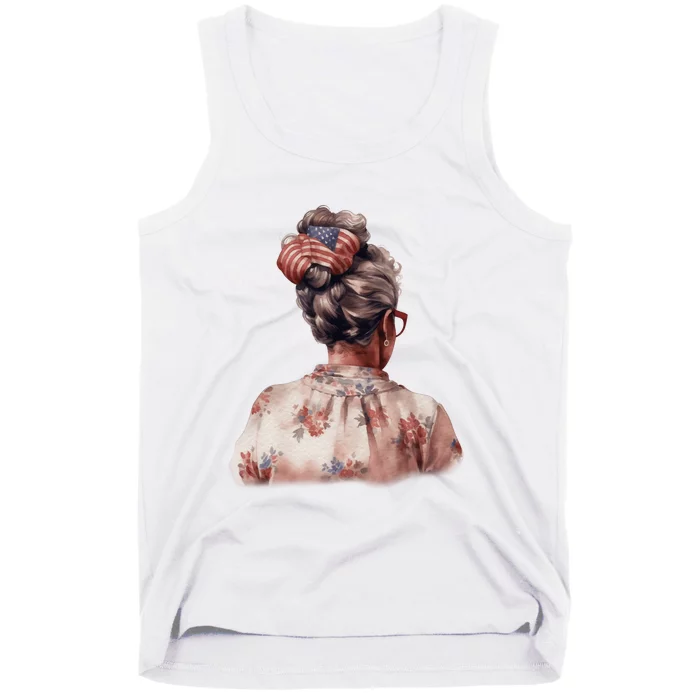 African American Messy Bun Old Lady USA Flag Flowers Tank Top