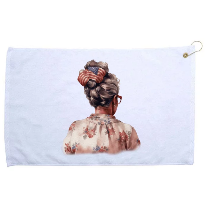 African American Messy Bun Old Lady USA Flag Flowers Grommeted Golf Towel