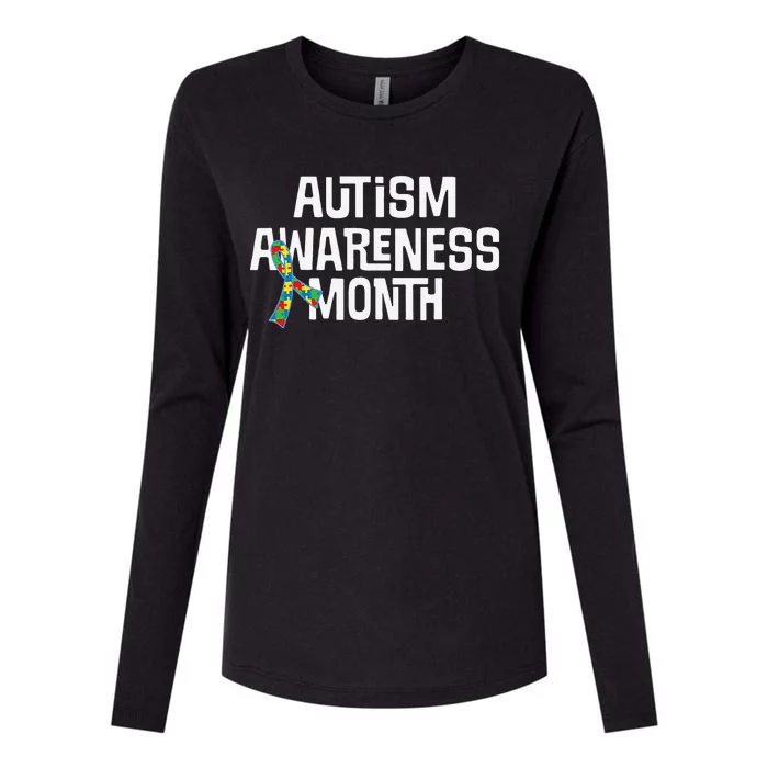 Autism Awareness Month Puzzle Ribbon Tee Womens Cotton Relaxed Long Sleeve T-Shirt