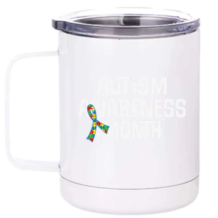 Autism Awareness Month Puzzle Ribbon Tee Front & Back 12oz Stainless Steel Tumbler Cup