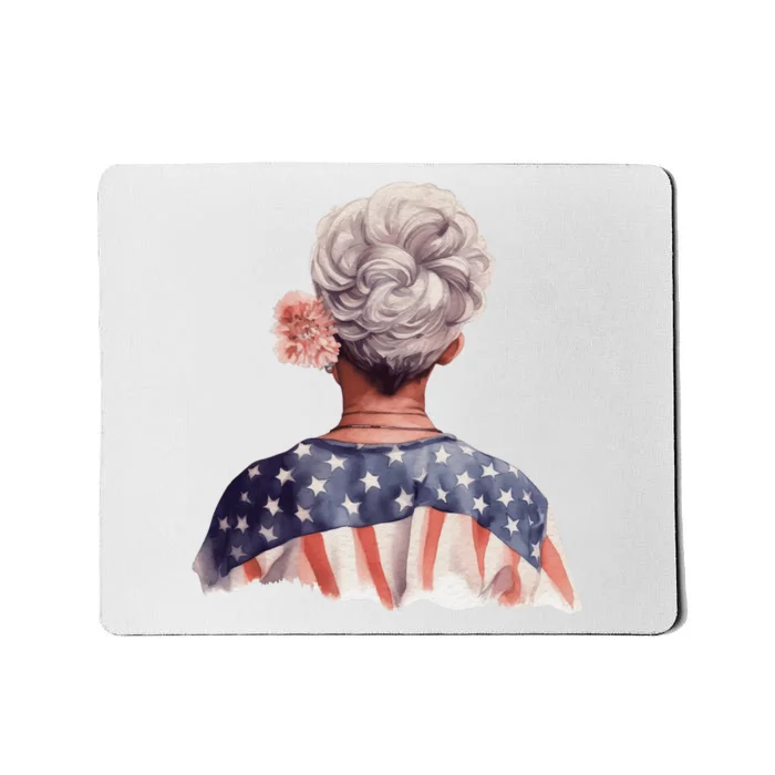 African American Messy Bun Old Lady USA Flag Flowers Mousepad